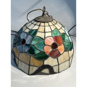 Vintage 1970's Tiffany Style Stained Glass Light Hanging Lamp Flowers